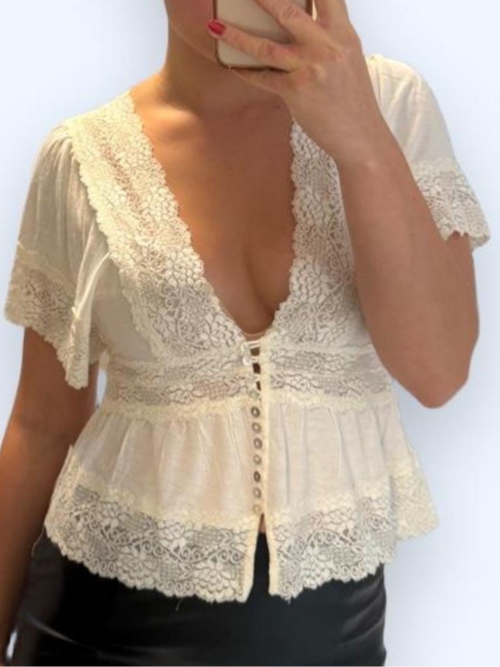Forever 21 Ivory Lace Peplum Button-Up Blouse